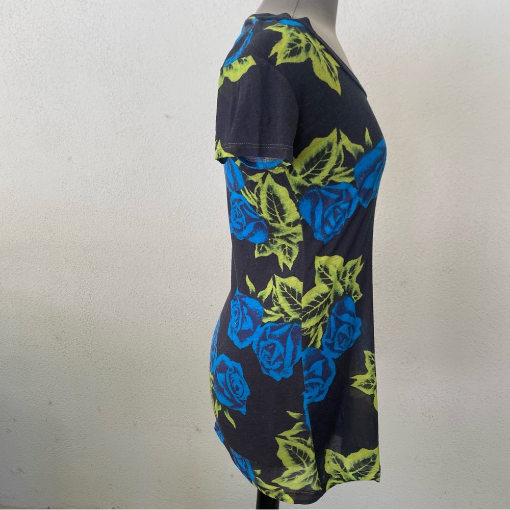 Y2K BETSEY JOHNSON NAVY GREEN FLORAL SHORT SLEEVE TUNIC TOP ONE SIZE COMFORT - Picture 3 of 7